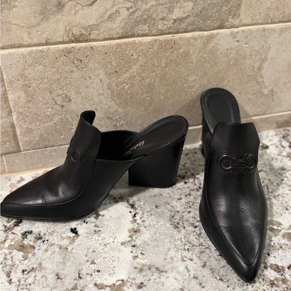 Salvatore Ferragamo Black Leather Block Heel Mules - Picture 1 of 4